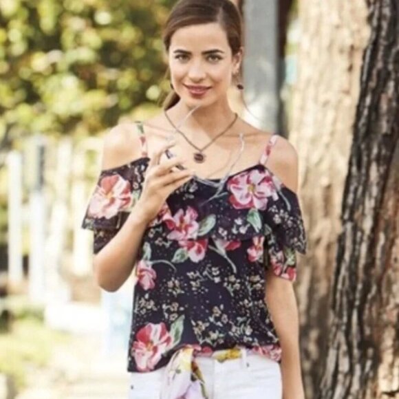 CAbi Tops - CAbi Floral Ruffle Cold-Shoulder Blouse